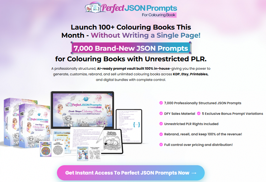 Perfect JSON Prompts for Colouring Books PLR Review 2026 by Firelaunchers: The 7,000-Prompt AI Vault That Lets You Publish Unlimited Coloring Books on KDP and Etsy 3 Perfect JSON Prompts for Colouring Books PLR Review