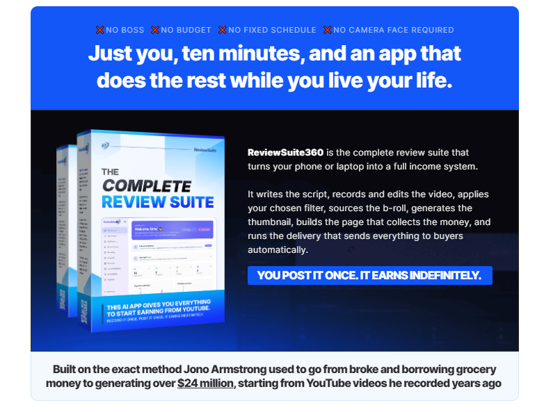 ReviewSuite360 Review 2026 by Jono Armstrong: The AI Launch Jacking System That Writes Your Script, Records Your Video, and Builds Your Bonus Page Automatically 3 ReviewSuite360 Review 2026 by Jono Armstrong
