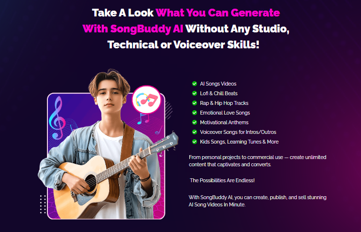 SONGBUDDY AI Review 2026: The AI Music Software That Creates Hit-Worthy Songs, Video Tracks, and Vocal Harmonies in 100+ Languages — Then Publishes Them to Spotify, iTunes, and YouTube Music for You 4 SongBuddy AI Review 2026 Benefits » JURAGAN REVIEW TECHNO