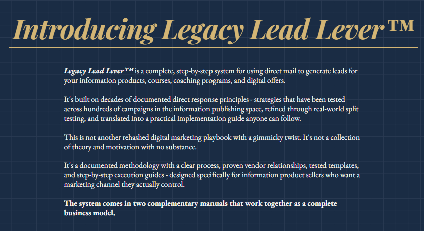What is Legacy Lead Lever? Honest Review of the 860-Page Direct Mail Lead System Built for Course Creators and Coaches 2 Legacy Lead Lever Review, OTO, and Download
