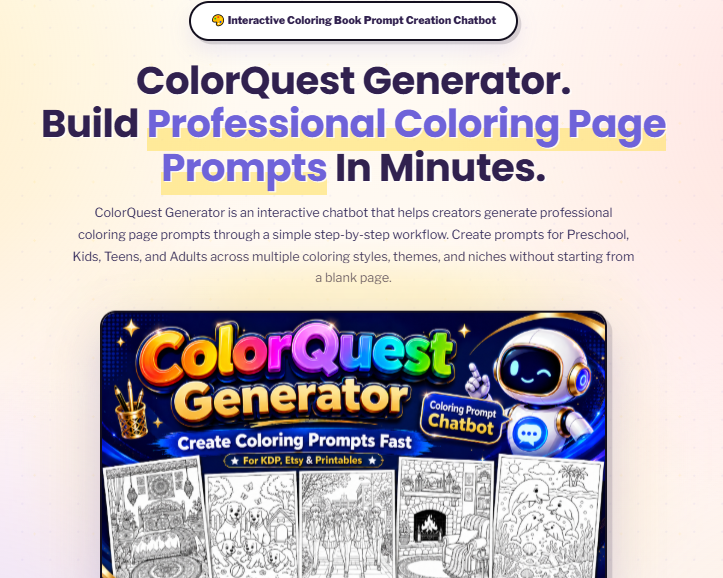 ColorQuest Generator OTO Review 2026: The Step-by-Step Coloring Prompt Chatbot for KDP Publishers and Etsy Sellers — Features, Pricing, 6 Upgrades, and How to Build Profitable Coloring Product Lines 1 ColorQuest Generator OTO Review 2026