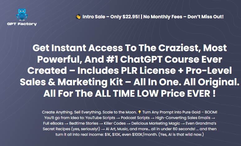 GPT Factory PLR OTO Review 2026: The Best ChatGPT Training Course You Can Study AND Sell — PLR License, Sales Pages, Email Swipes, Videos, and Graphics All Included at One-Time Entry Price 2 GPT Factory PLR OTO Review 2026